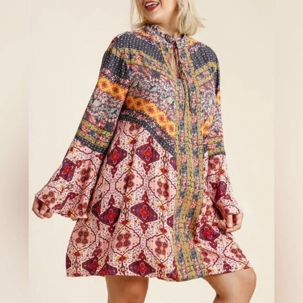 Umgee‎ Bohemian Tunic Top Floral Print Long Sleeve Blouse Ruffle Neck M